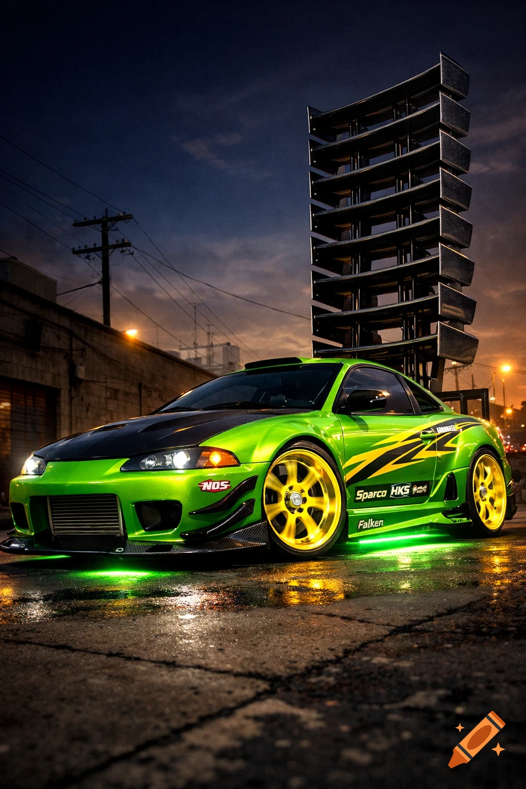 A neon green 1995 Mitsubishi Eclipse with yellow rims and graphics, underglow, and an 8-foot-tall stacked spoiler, parked on a wet street at dusk.