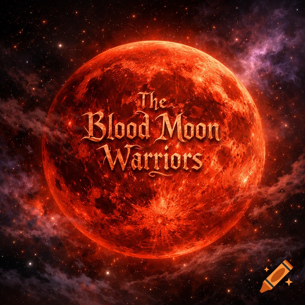 A vibrant red blood moon with a textured surface against a dark, star-filled galaxy with swirling nebulae. The text "The Blood Moon Warriors" is emblazoned on the moon's surface.