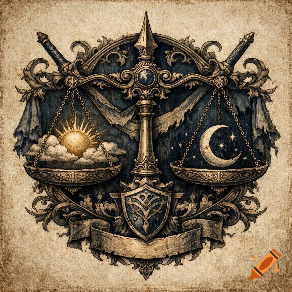 Ornate medieval-style balance scale with sun and clouds on one side, moon and stars on the other, against a dark, textured background.