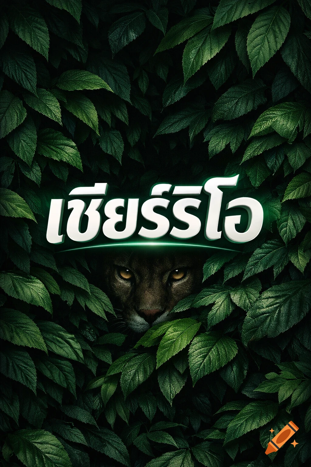 A cougar's face peeks through dense dark green leaves with glowing eyes. Above, white Thai text "เชียร์ริโอ" glows green.