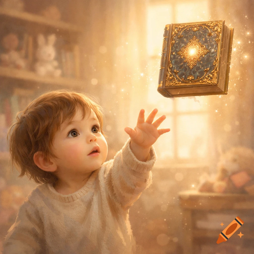 A cute baby reaches for a glowing, ornate book floating in a warm, magical room with sparkling light, photorealistic.