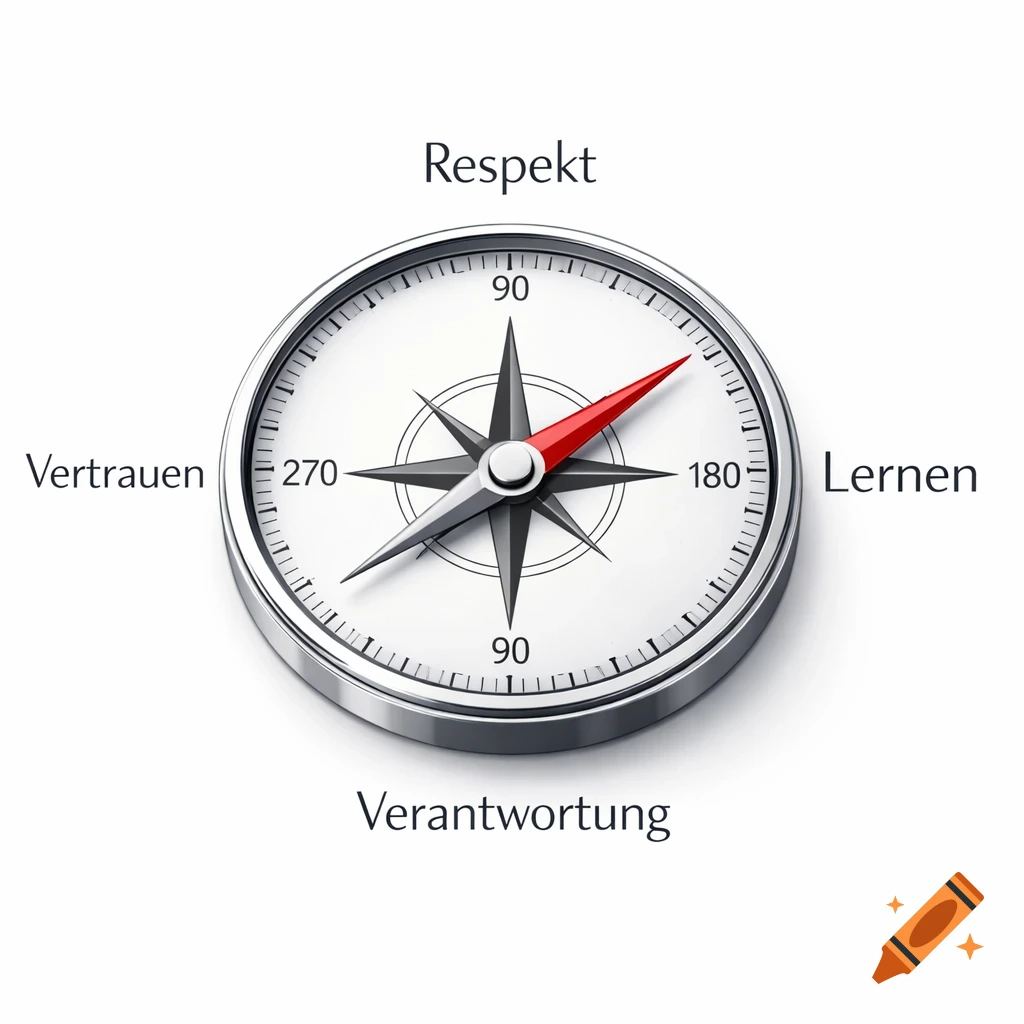 A modern compass with a red needle on a white background, labeled with the German words Respekt, Vertrauen, Verantwortung, Lernen.