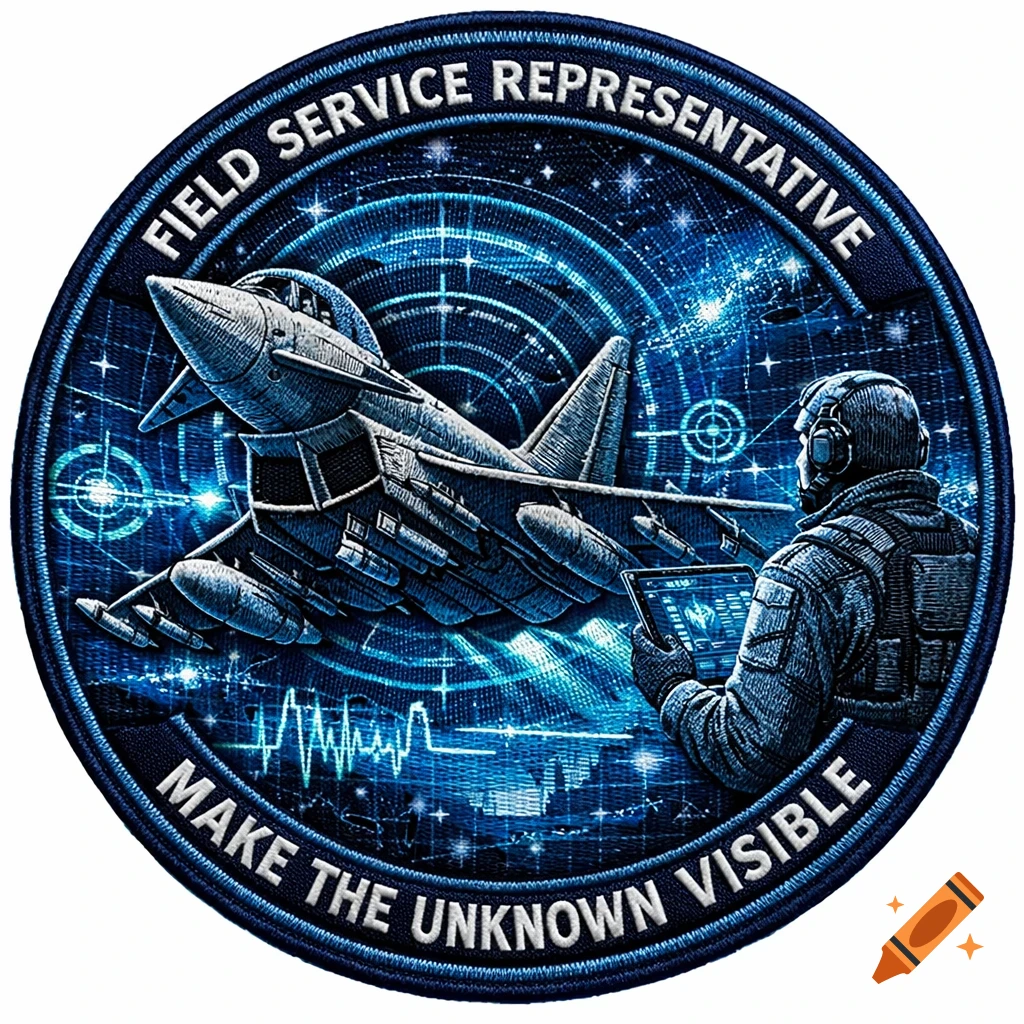 Embroidered military patch with a Eurofighter jet, technician, and blue tech lines. Text: 'FIELD SERVICE REPRESENTATIVE', 'MAKE THE UNKNOWN VISIBLE'.