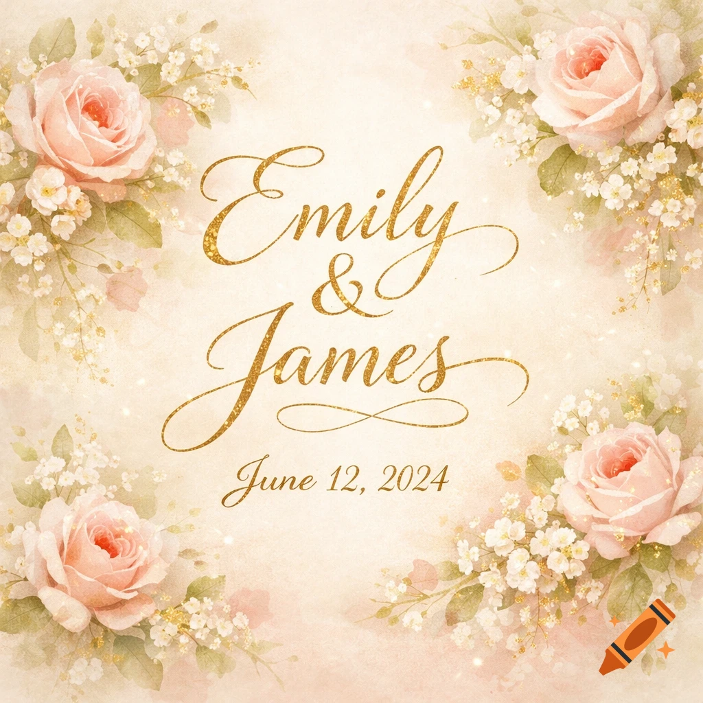 Gold script wedding invitation for Emily & James, June 12, 2024, adorned with pink roses and white floral accents.
