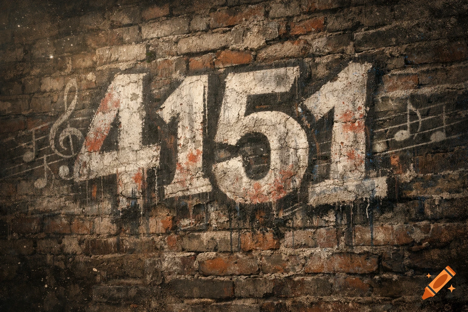 The numbers "4151" painted as old, peeling graffiti on a weathered brick wall, with faint musical notes in the background.