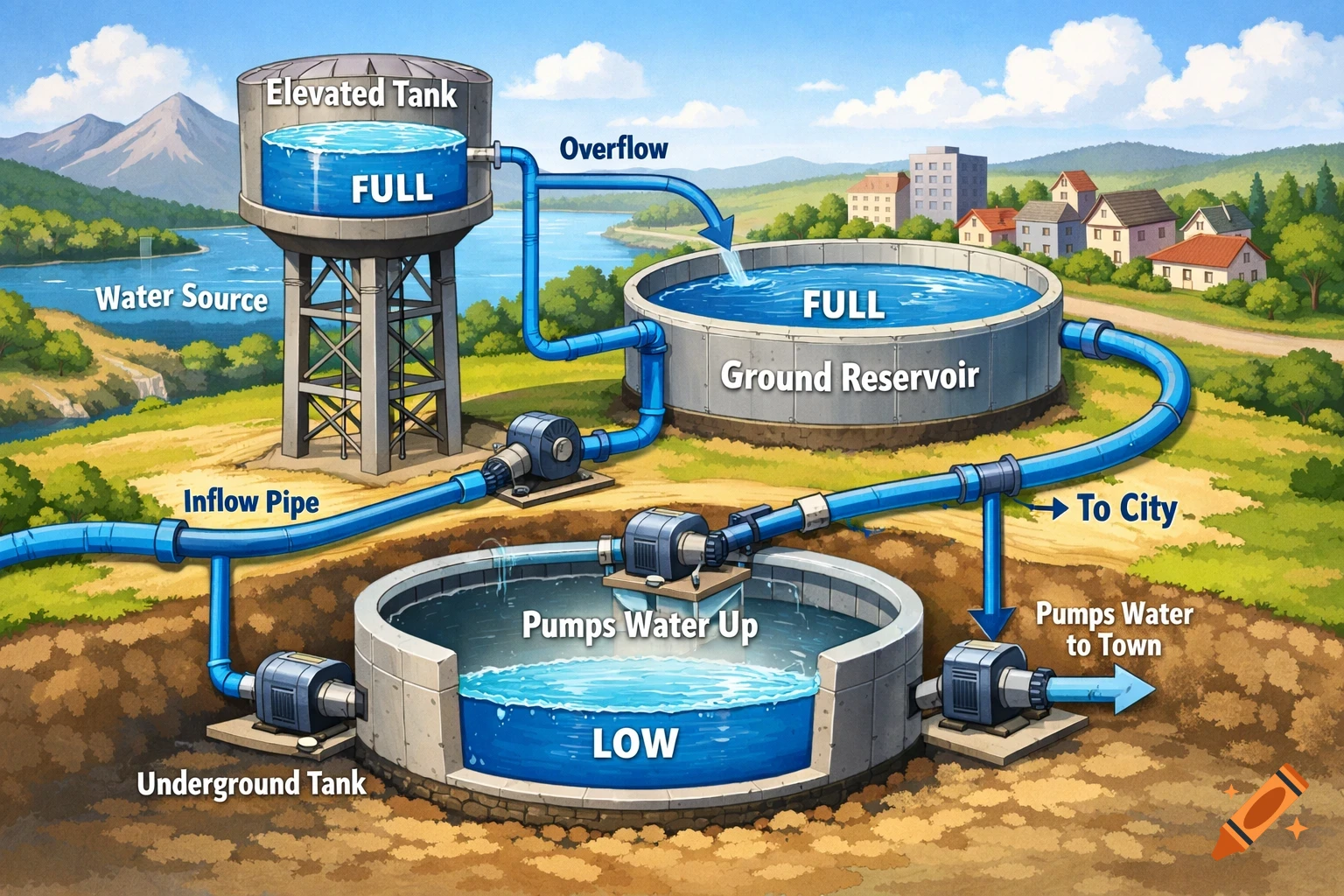Detailed diagram illustrating a water reservoir cycle, with tanks, pipes, pumps, and water flow labeled, set in a landscape with mountains and a town.