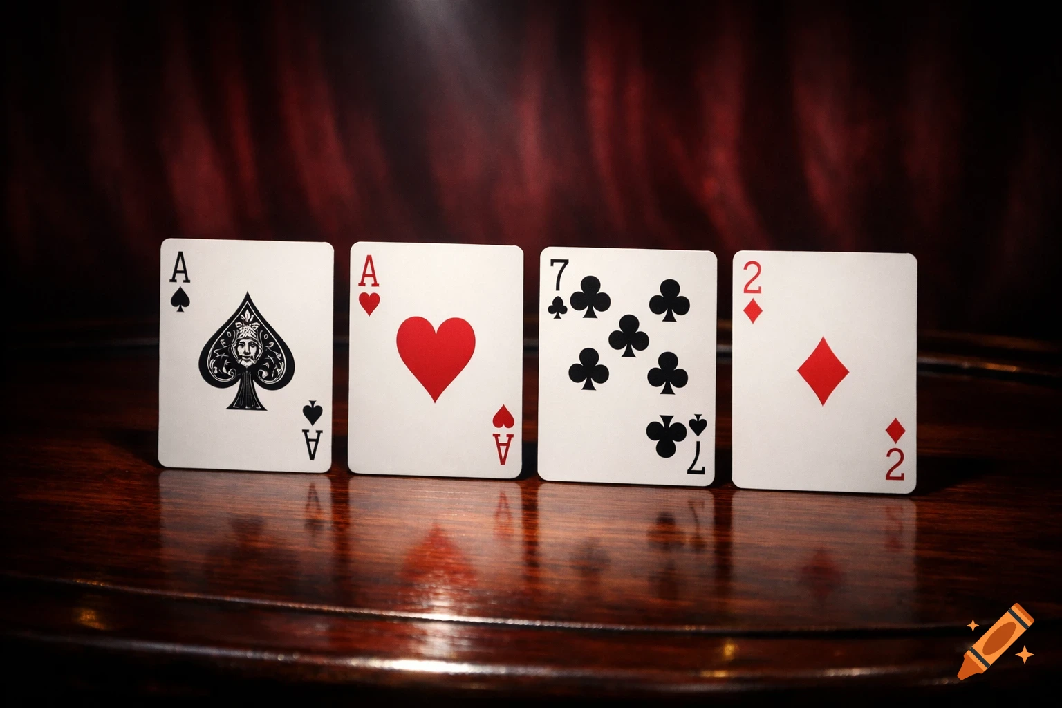 Four poker cards, Ace of Spades, Ace of Hearts, 7 of Clubs, and 2 of Diamonds, stand upright on a dark wooden table.