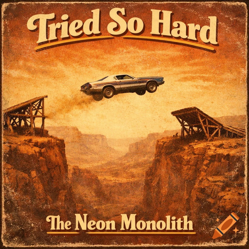 Retro album cover: A 70s car jumps a desert canyon from a ramp. Text: "Tried So Hard" (top), "The Neon Monolith" (bottom).