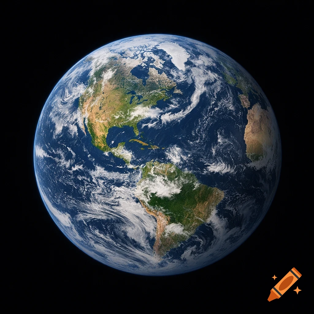 A detailed, colorful view of Earth from space showing North America, South America, and parts of Africa, surrounded by clouds and dark space.