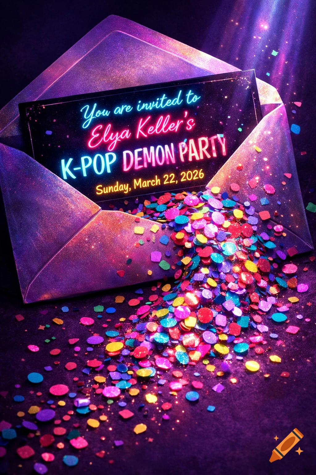 A vibrant, sparkly open envelope with a neon K-POP DEMON PARTY invitation card and colorful confetti spilling out onto a dark surface.