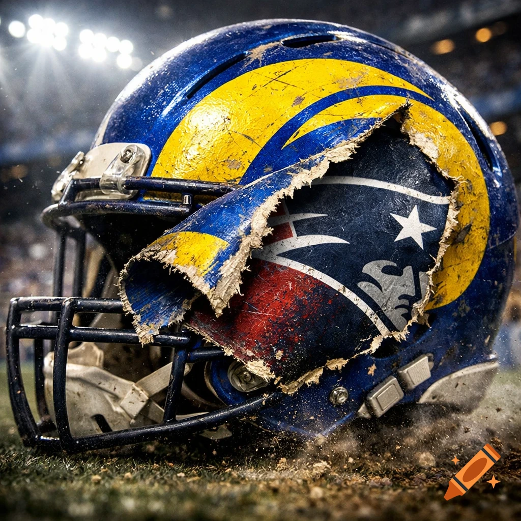 A dirty blue and yellow Rams football helmet with a peeling layer revealing a distressed Patriots logo, on a muddy field.