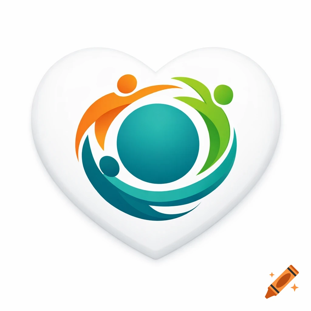 Abstract logo with colorful stylized figures forming a circle around a teal sphere, set on a white heart.