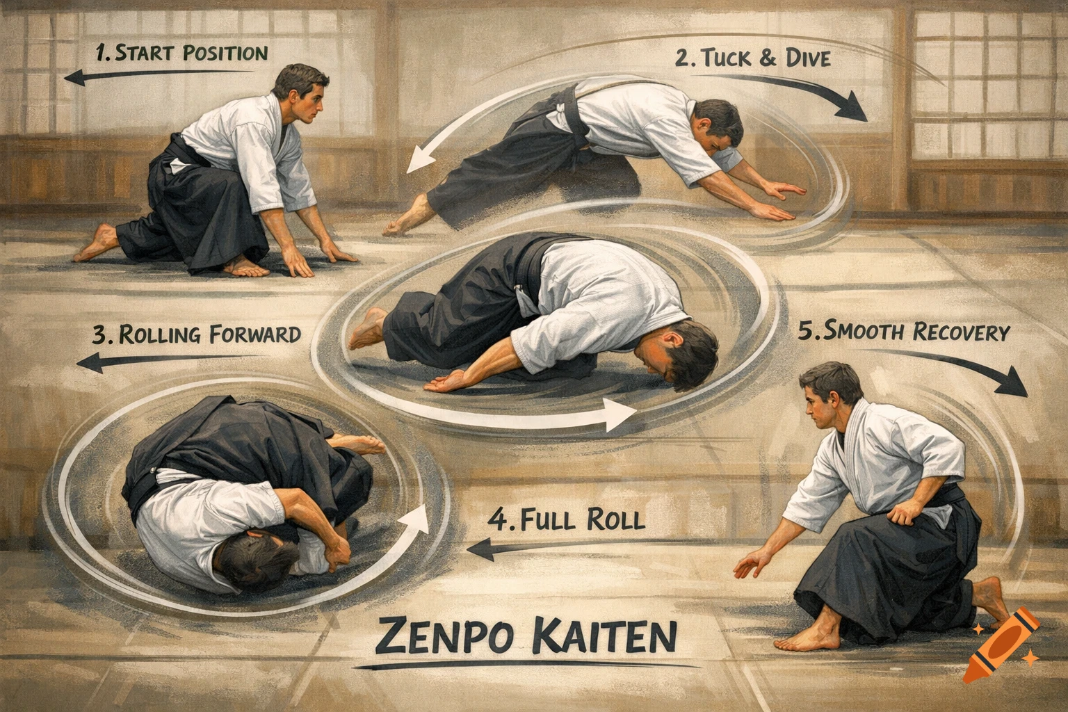 Step-by-step illustration of a man performing a Zenpo Kaiten roll in a dojo, with labels for each movement.
