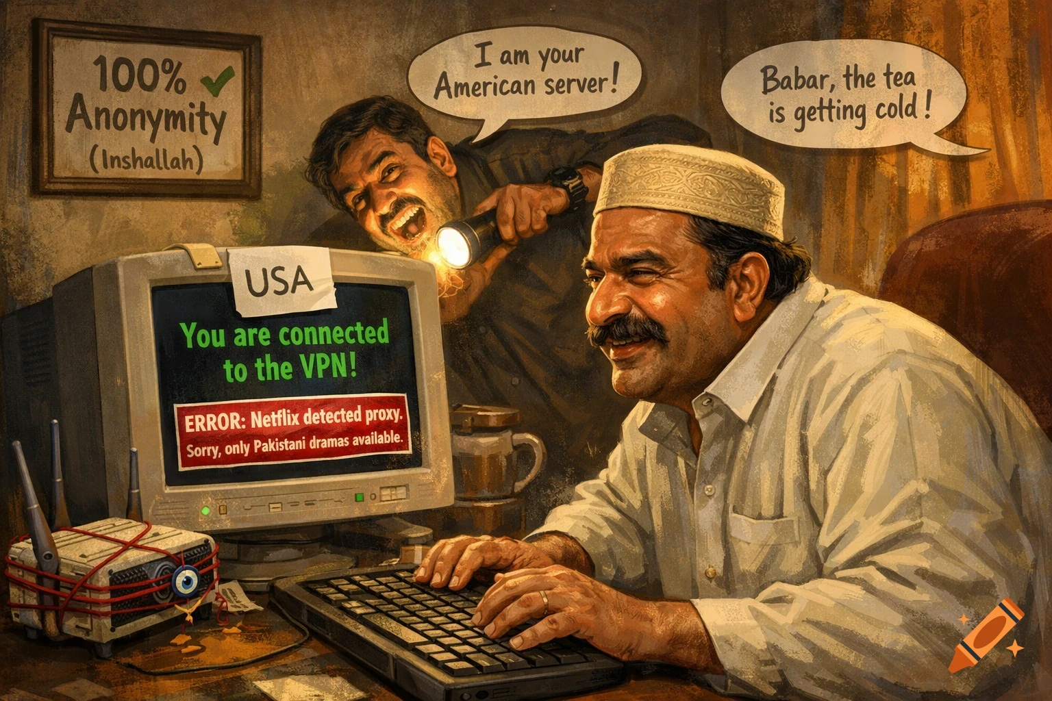 A humorous illustration shows a Pakistani man smiling at an old computer displaying a VPN connection message, while another man behind him with a flashlight shouts 'I am your American server!' A sign on the wall reads '100% Anonymity (Inshallah)' and a router is wrapped in red thread.