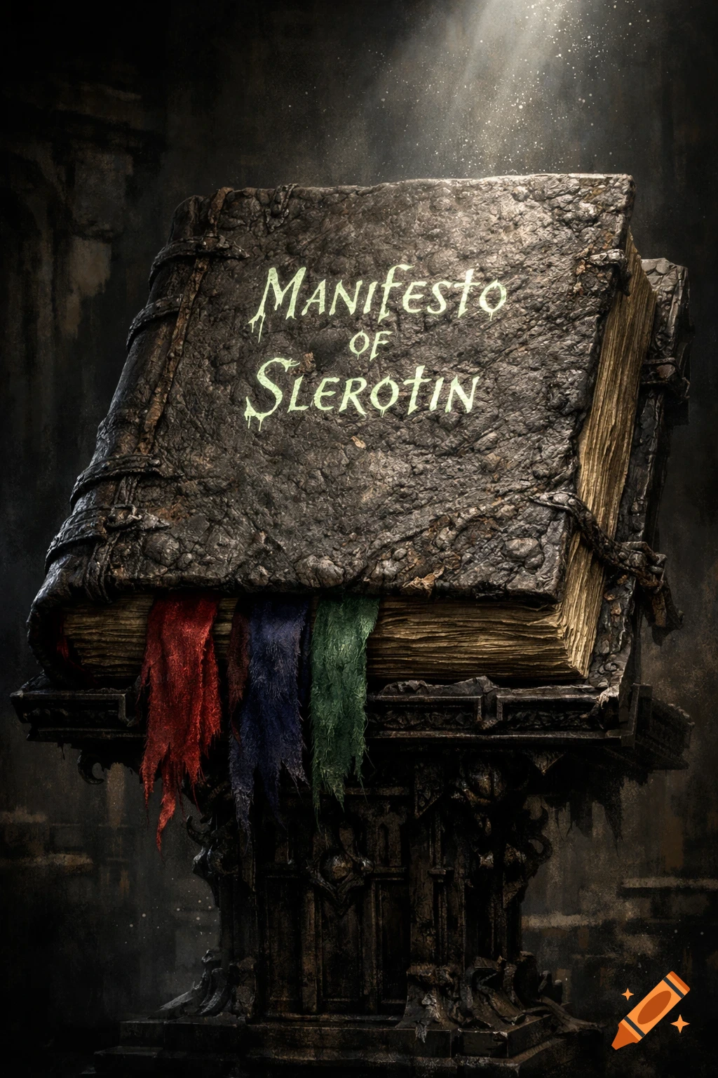 An ancient, mystical tome titled 'MANIFESTO OF SLEROTIN' on a stone pedestal with colorful ribbons, illuminated by a faint light.