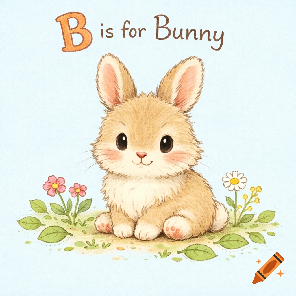 Cute hand-drawn illustration of a fluffy brown bunny with text "B is for Bunny" surrounded by flowers on a light blue background.