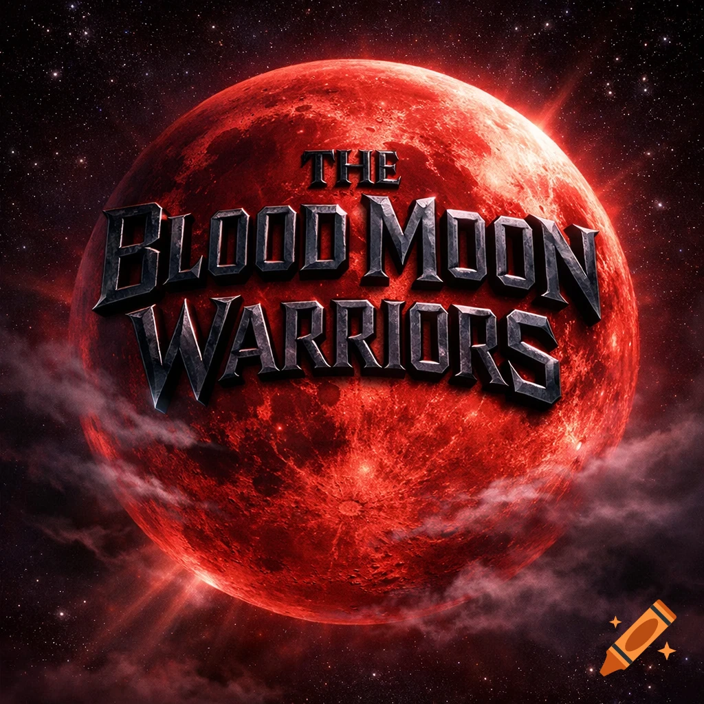 A vibrant red blood moon in a starry night sky with the 3D text 'THE BLOOD MOON WARRIORS' emblazoned across it.