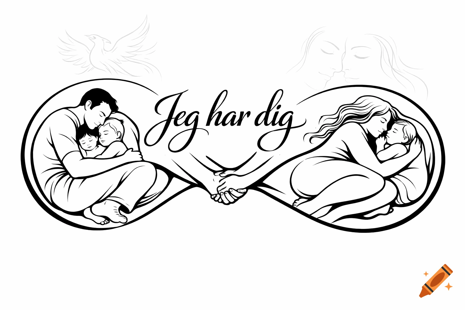 Black and white line art infinity symbol with a man hugging two children, a woman hugging one child, and text 'Jeg har dig'.