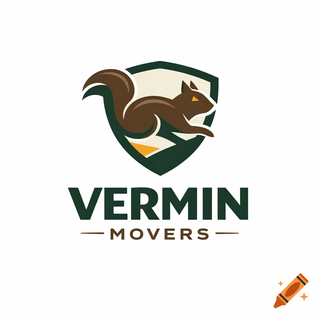 A logo featuring a stylized brown squirrel leaping over a dark green shield with yellow accents, with the words 'VERMIN MOVERS' below.