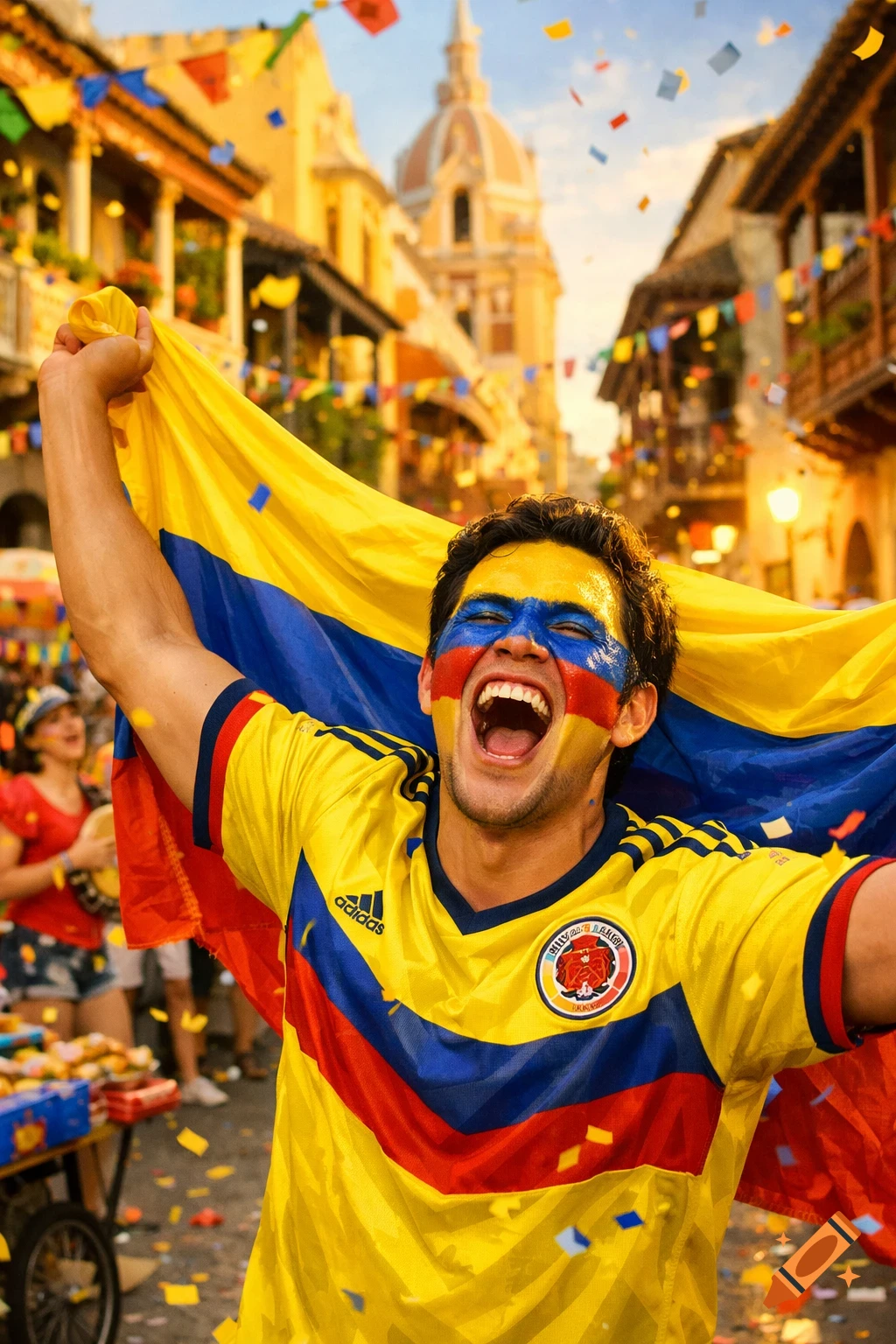 A man with a Colombian flag and face paint cheers with confetti falling, wearing a yellow football jersey in a festive street.