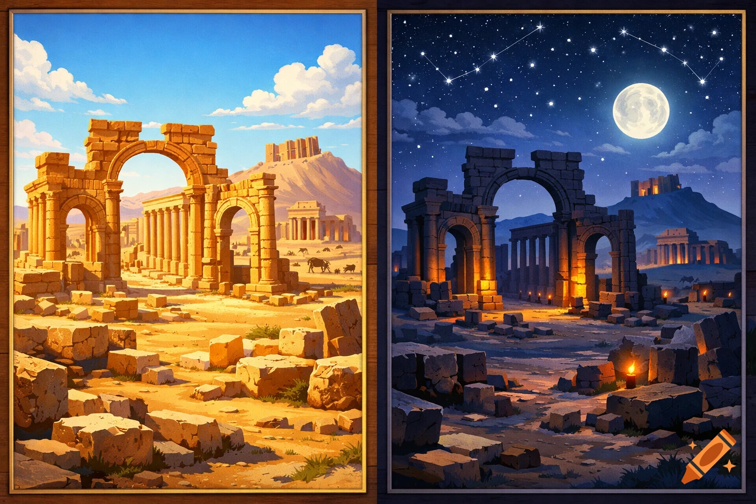 Stylized illustration of ancient Palmyra ruins, split into a bright daytime scene and a glowing nighttime scene with a full moon and constellations.