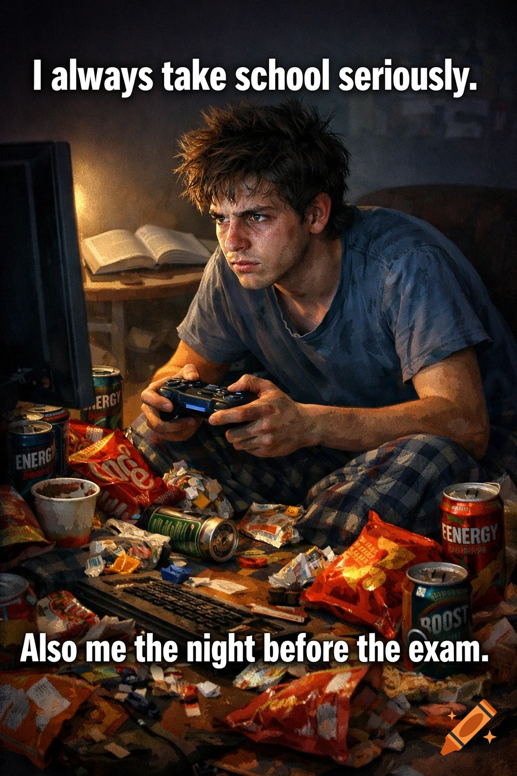 A meme featuring a disheveled student in pajamas playing video games, surrounded by junk food, with an open textbook in the background.