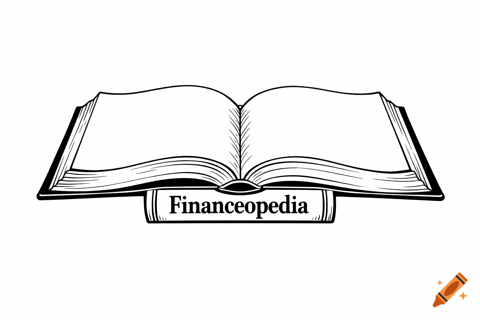 A black and white illustration of an open book with "Financeopedia" written on its spine.
