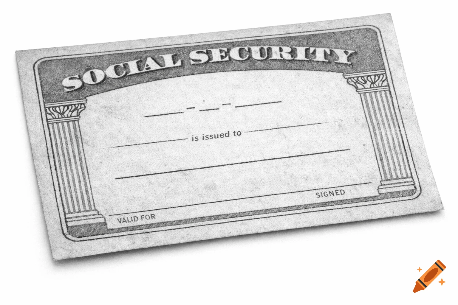 A blank, grayscale photocopy of a US Social Security card, showing text fields and decorative columns.