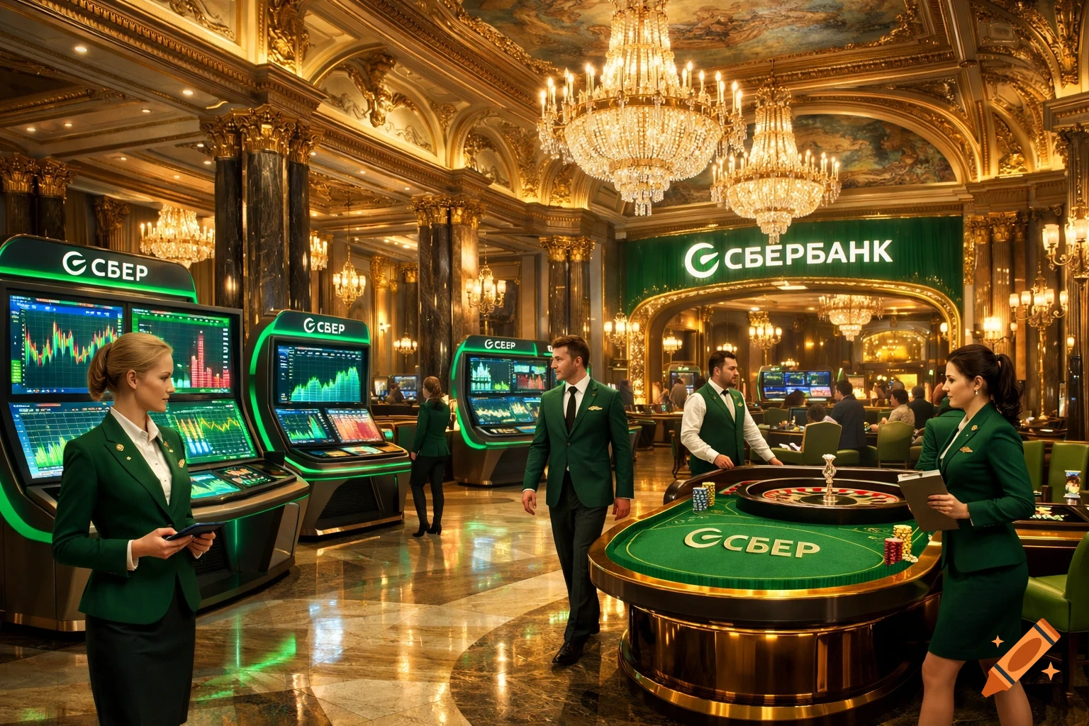 A lavish, gold-adorned Sberbank-themed casino interior with staff in green uniforms, stock graph slot machines, and roulette tables.