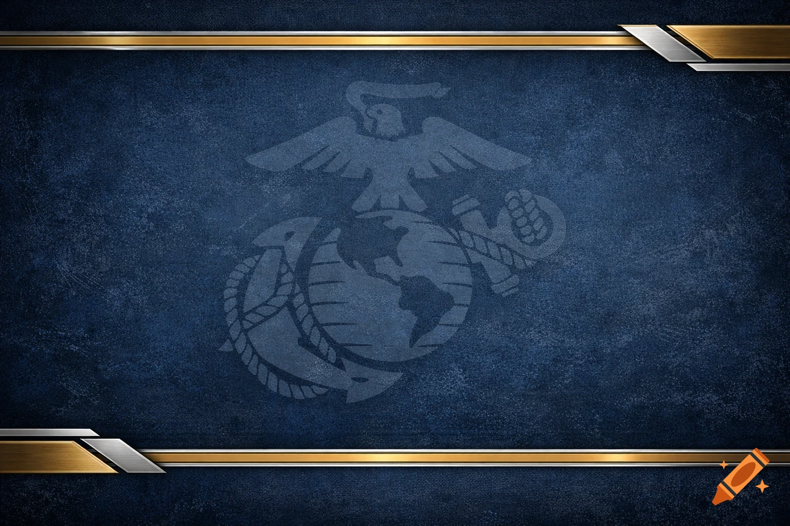 Dark blue textured background with a subtle Marine Corps emblem in the center, framed by metallic gold and silver borders.