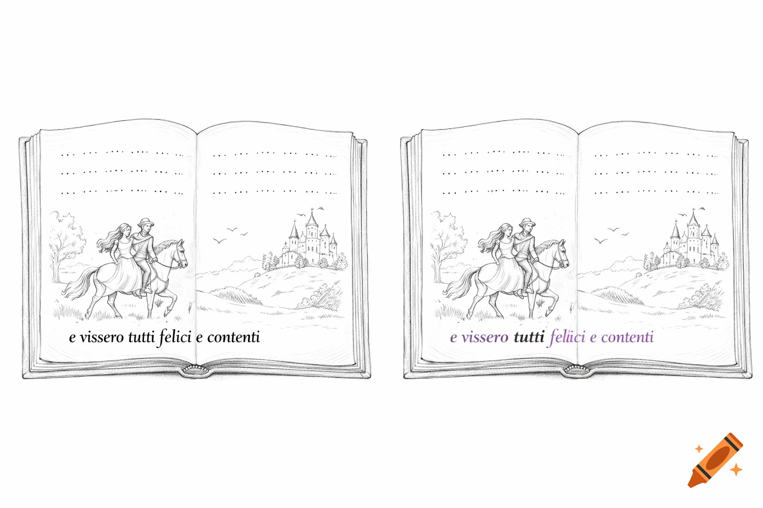 Pencil drawing of two open fairytale books, each with a prince, princess, castle, and 'e vissero tutti felici e contenti' text.