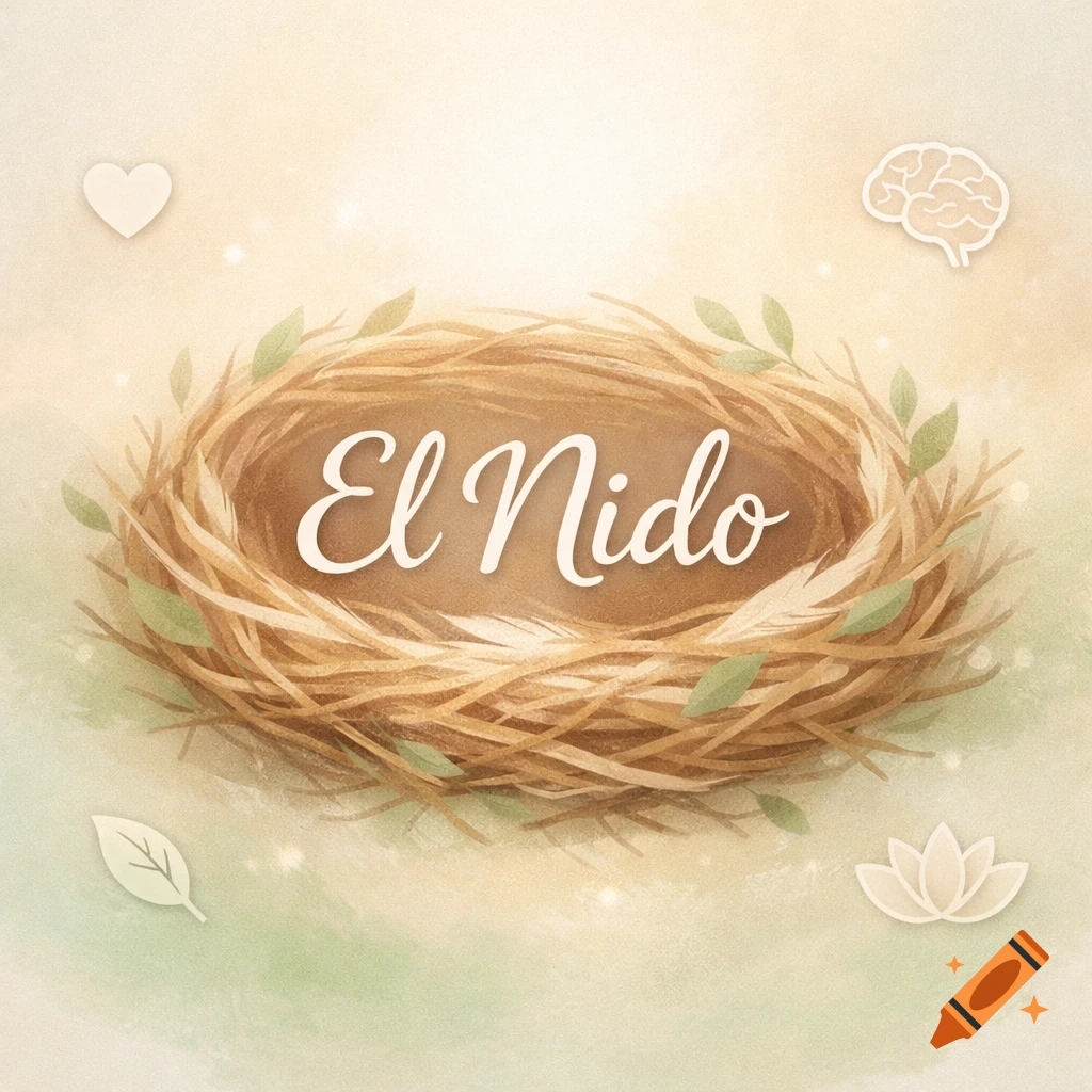 A warm, modern illustration of a bird's nest with "El Nido" inside, surrounded by subtle wellness symbols like a heart, brain, leaf, and lotus flower, against a pastel background.