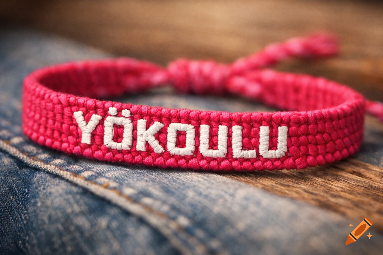 Close-up of a pink friendship bracelet with 'YÖKOULU' in white, resting on blue jeans and wood.