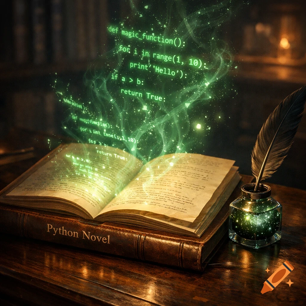 An old open book with glowing green Python code emanating from it, next to an inkwell and feather pen, on a wooden desk.
