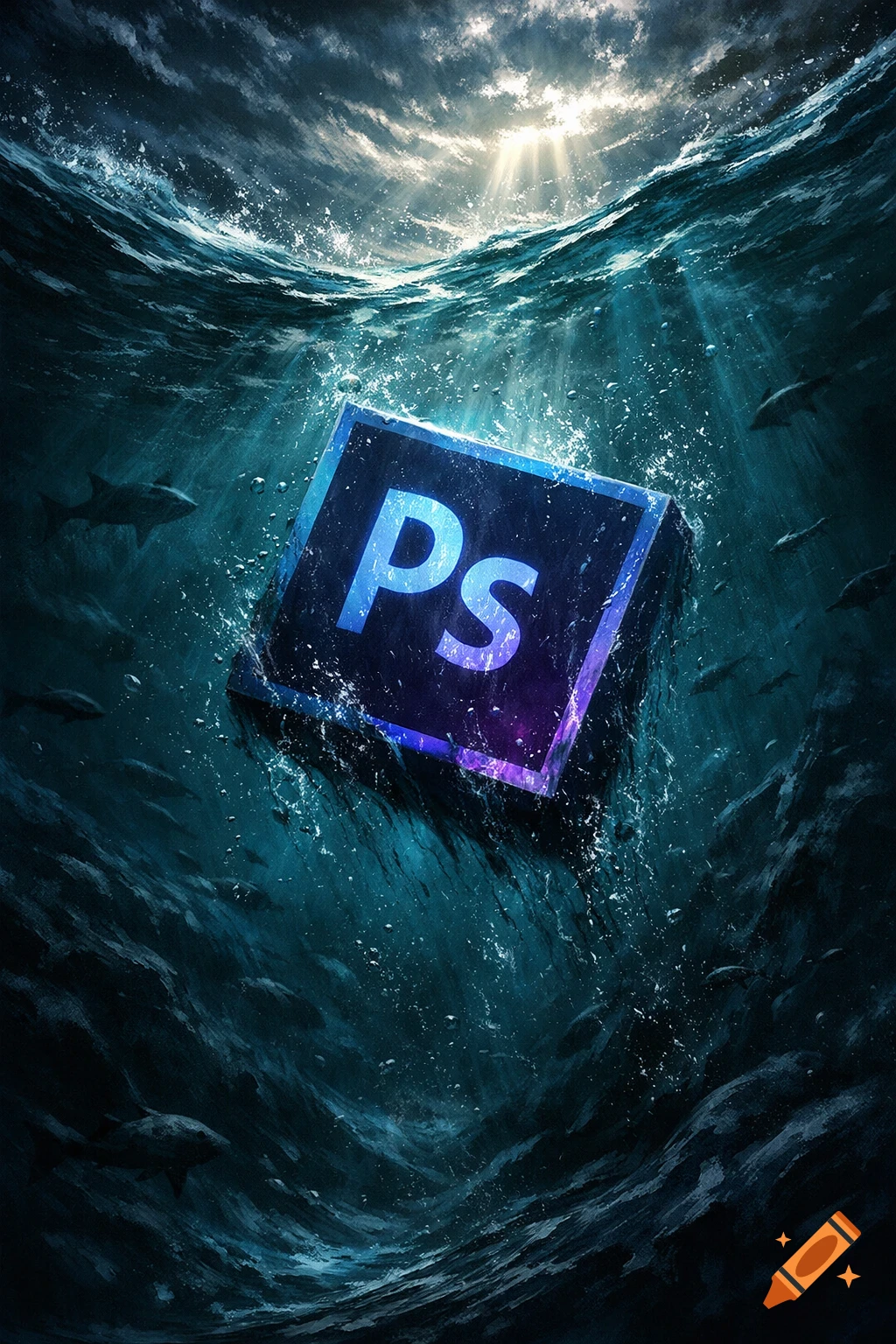 The Photoshop 'Ps' logo sinking into a deep blue ocean, with sun rays piercing through the water's surface.