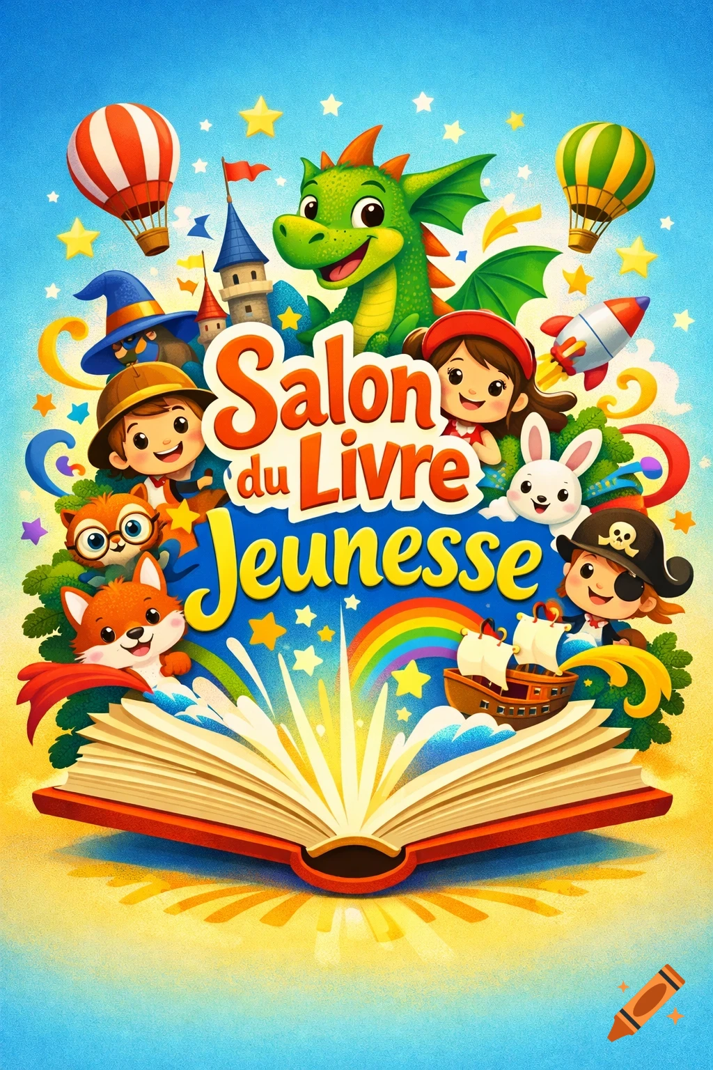 Colorful cartoon poster for a youth book fair, with children, a dragon, animals, and hot air balloons emerging from a book.
