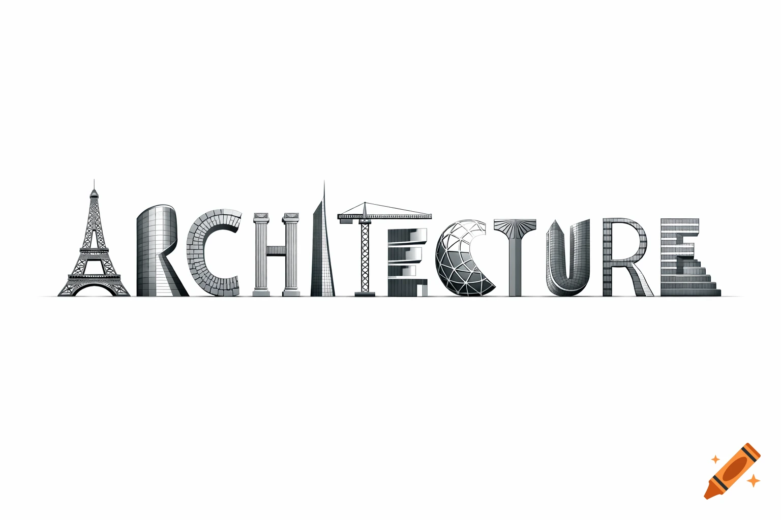 The word ARCHITECTURE formed by various architectural buildings and structures in a minimalist, black and white style on a white background.