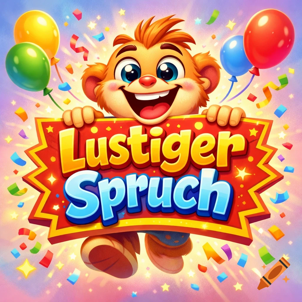 A happy cartoon monkey holds a banner reading 'Lustiger Spruch' surrounded by colorful confetti and balloons.