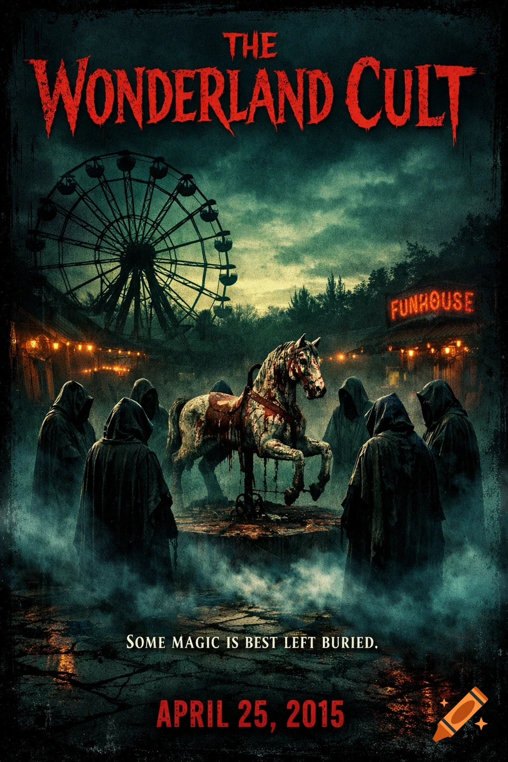 A horror movie poster titled "The Wonderland Cult" shows hooded cult members gathered around a bloody carousel horse in a dark, abandoned amusement park with a Ferris wheel and a "FUNHOUSE" sign. It also includes the tagline "SOME MAGIC IS BEST LEFT BURIED." and the release date "APRIL 25, 2015."
