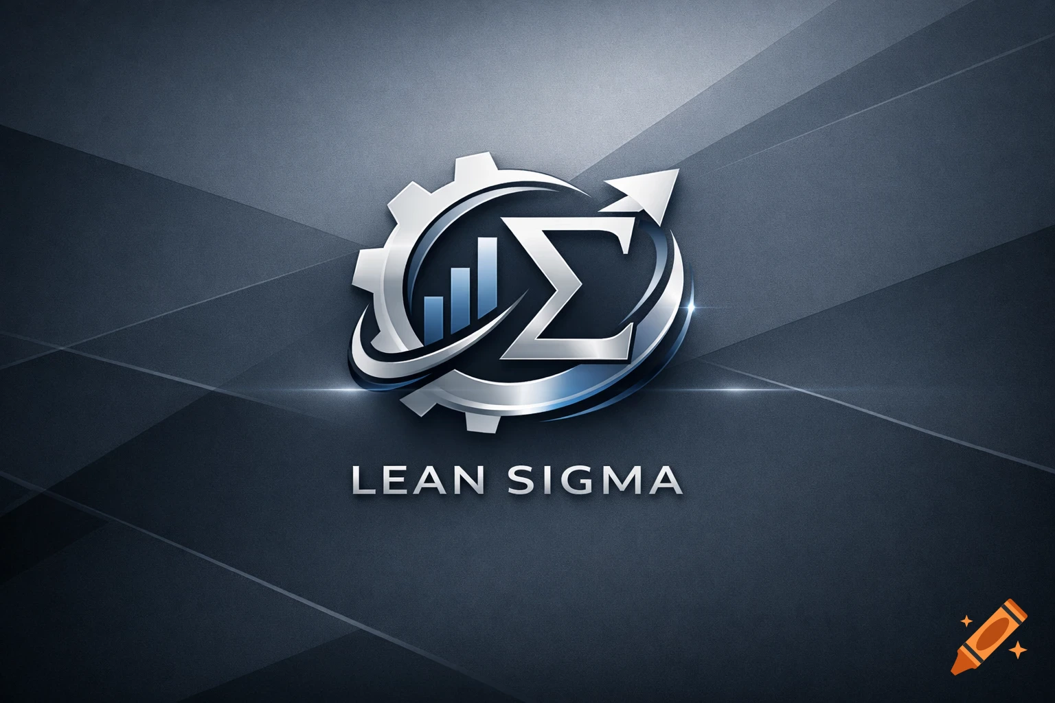 A 3D metallic 'LEAN SIGMA' logo featuring a gear, a bar chart, a sigma symbol, and an upward arrow, against a dark background.