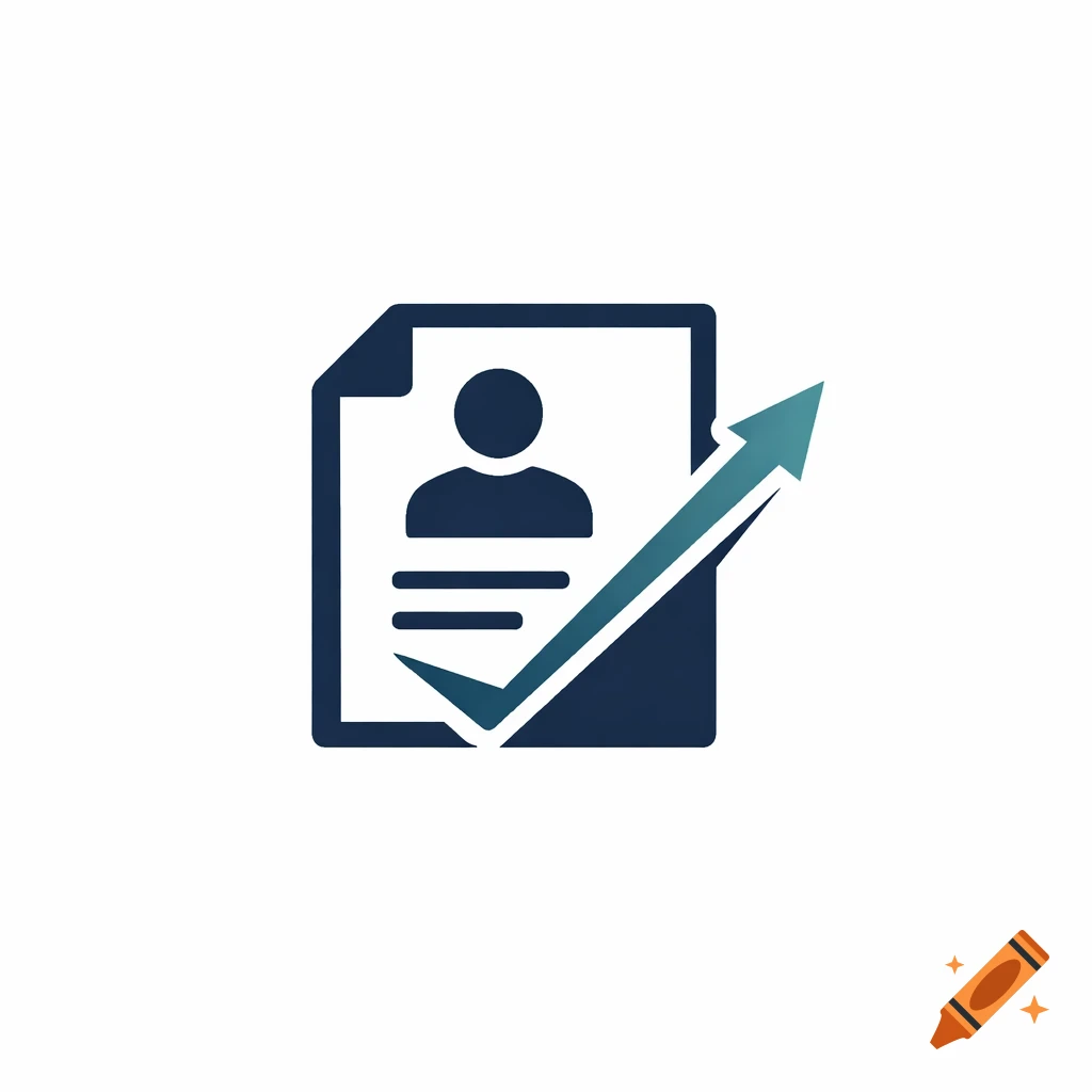 A flat-style dark blue icon featuring a document with a person's silhouette and lines representing text, overlaid with a teal upward arrow or checkmark.