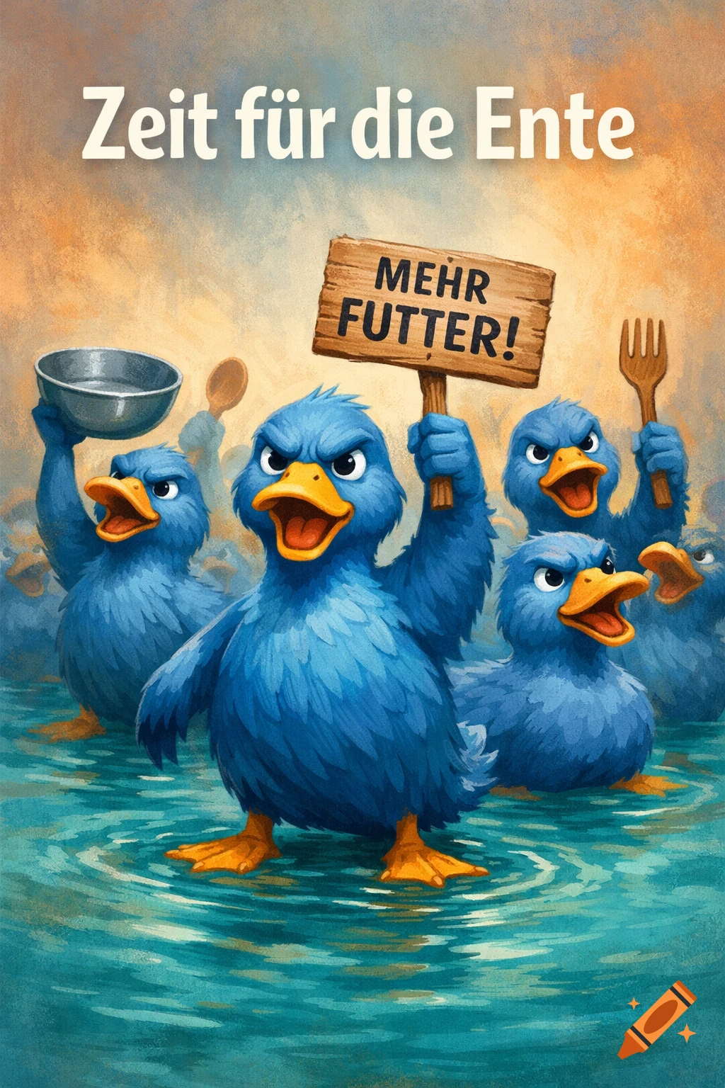 A group of angry, blue, cartoon ducks protest in water, holding a sign that reads 'MEHR FUTTER!' and kitchen utensils. Text at the top says 'Zeit für die Ente'.