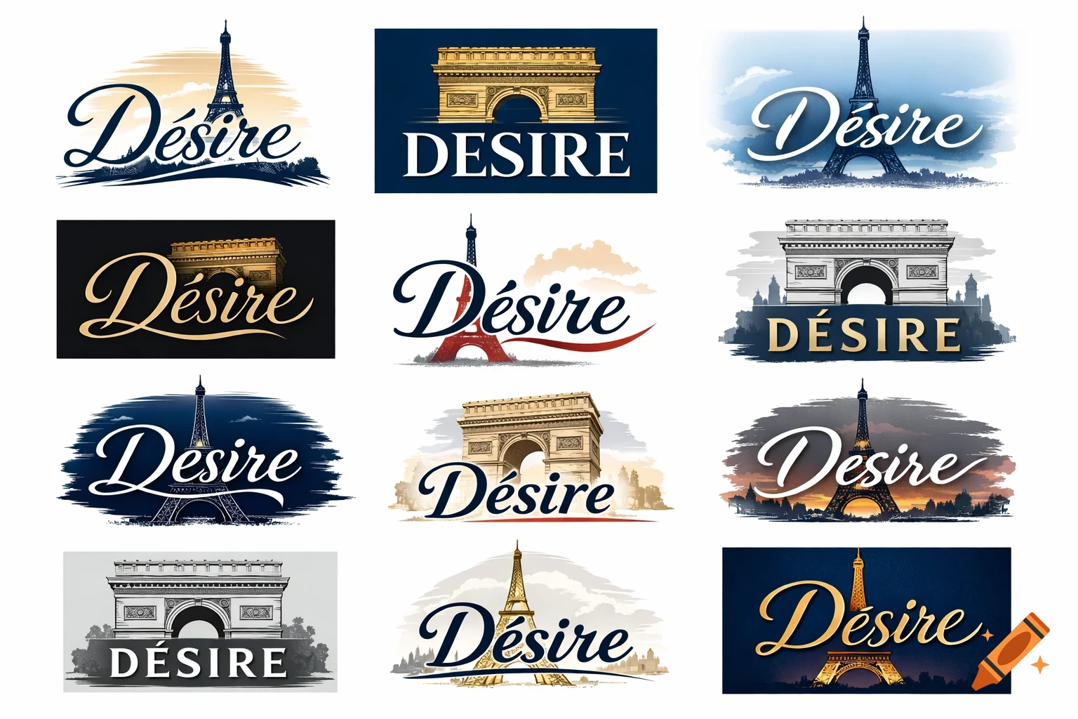 Eleven different logo designs featuring the word "Désire" or "DÉSIRE" with either the Eiffel Tower or the Arc de Triomphe as a background element, in various artistic styles.