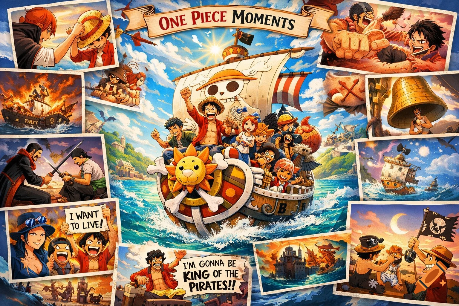 An anime-style collage depicting various scenes and characters from One Piece, including the Straw Hat Pirates on their ship, engaging in adventures and memorable moments, with a banner reading "ONE PIECE MOMENTS".