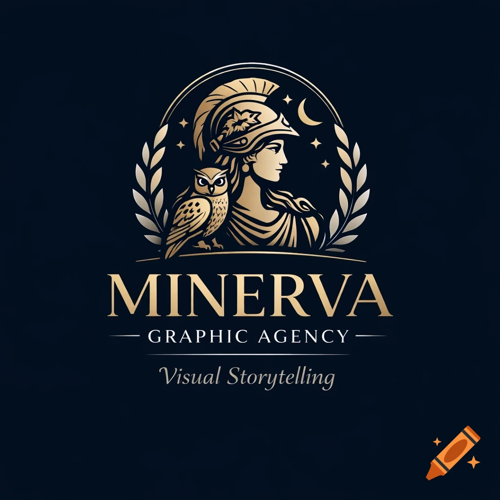 Gold Minerva logo with a helmeted woman, an owl, and text 'Minerva Graphic Agency Visual Storytelling' on a dark background.