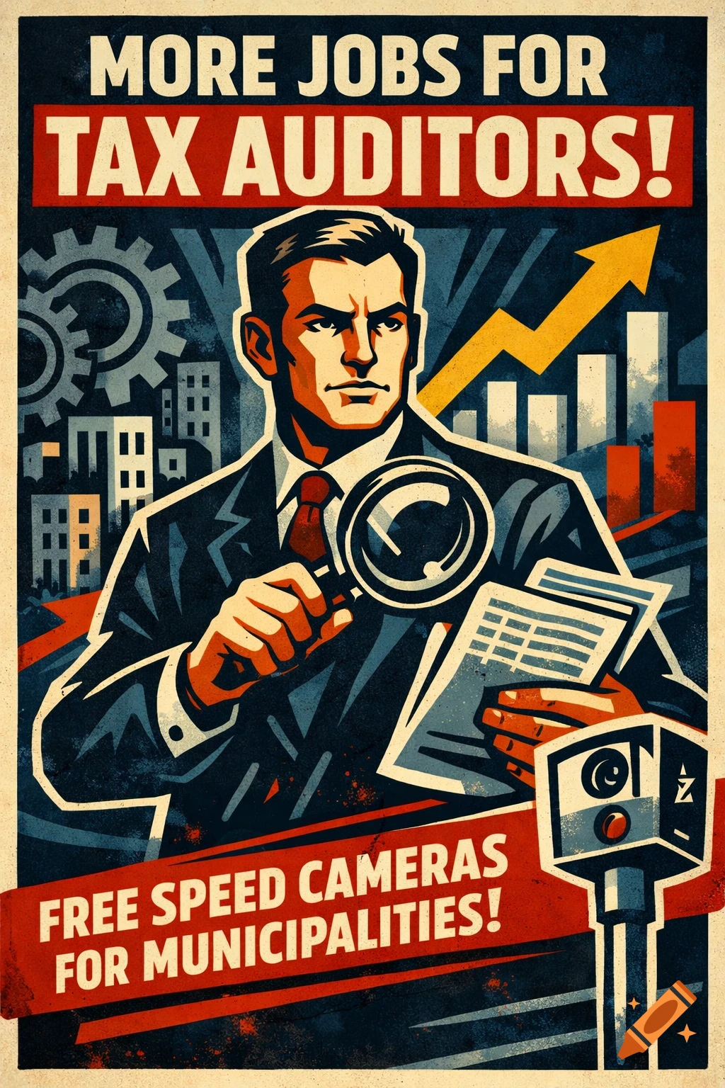 A vintage propaganda poster shows a serious man with a magnifying glass, city buildings, and a speed camera, with text about tax auditors and speed cameras.