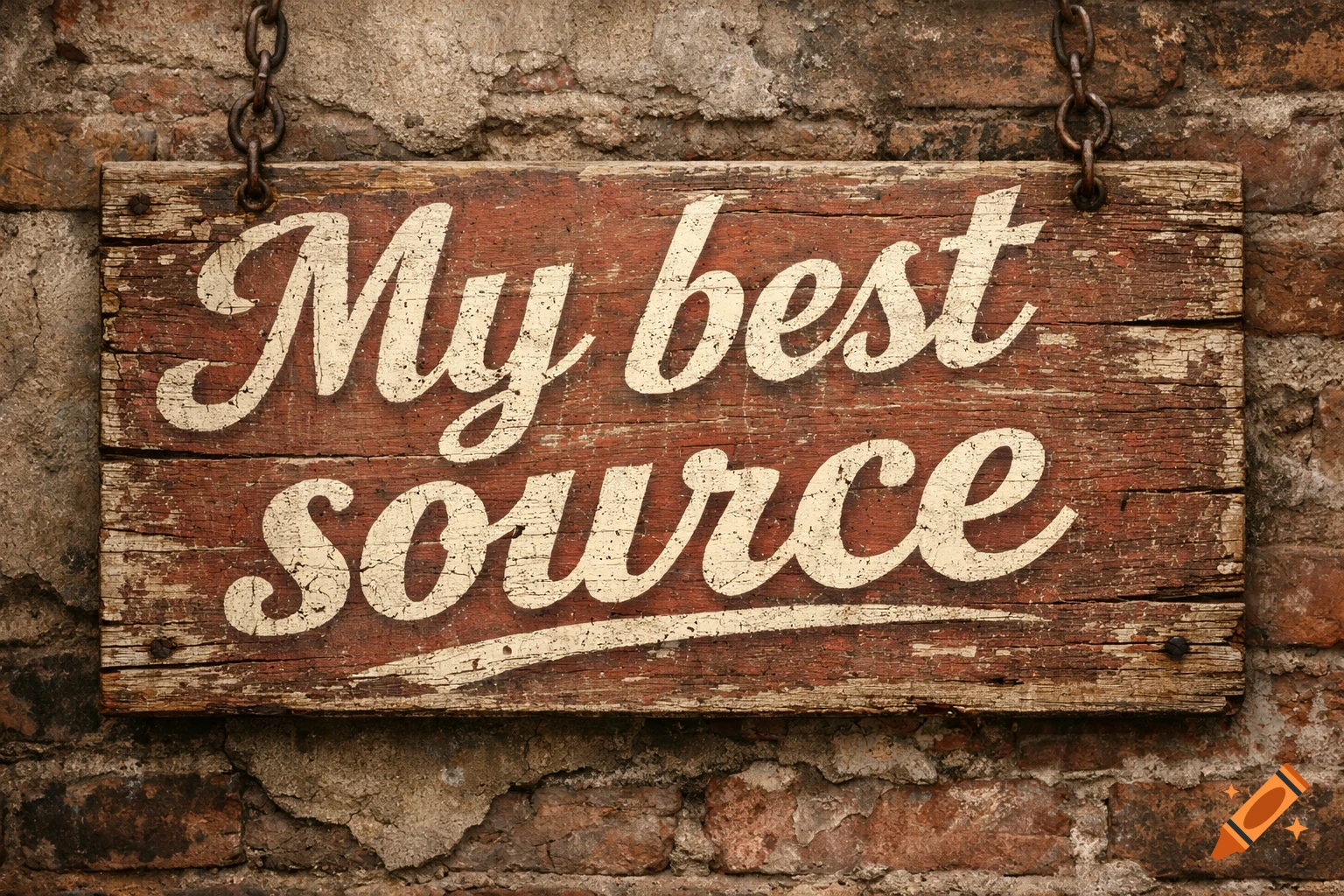 Distressed wooden sign saying 'My best source' hangs on a weathered brick wall.