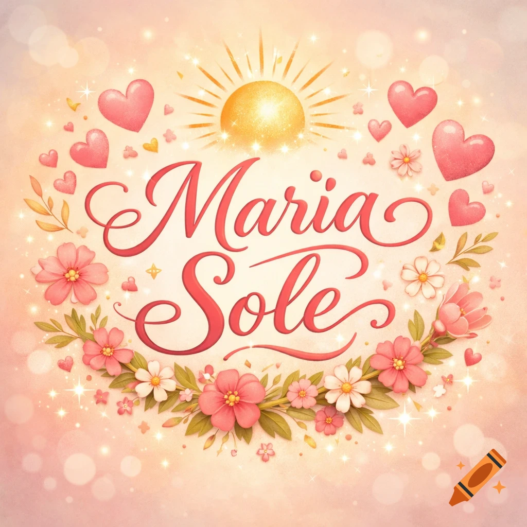 A decorative greeting card with "Maria Sole" in script, surrounded by pink hearts, a radiant sun, and a floral wreath, on a sparkling pink background.