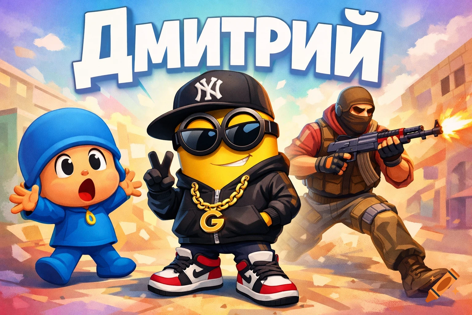 A cartoon image featuring Pocoyo, a stylish Minion with a cap and chains, and a Standoff 2 character firing a gun, with 'ДМИТРИЙ' text.