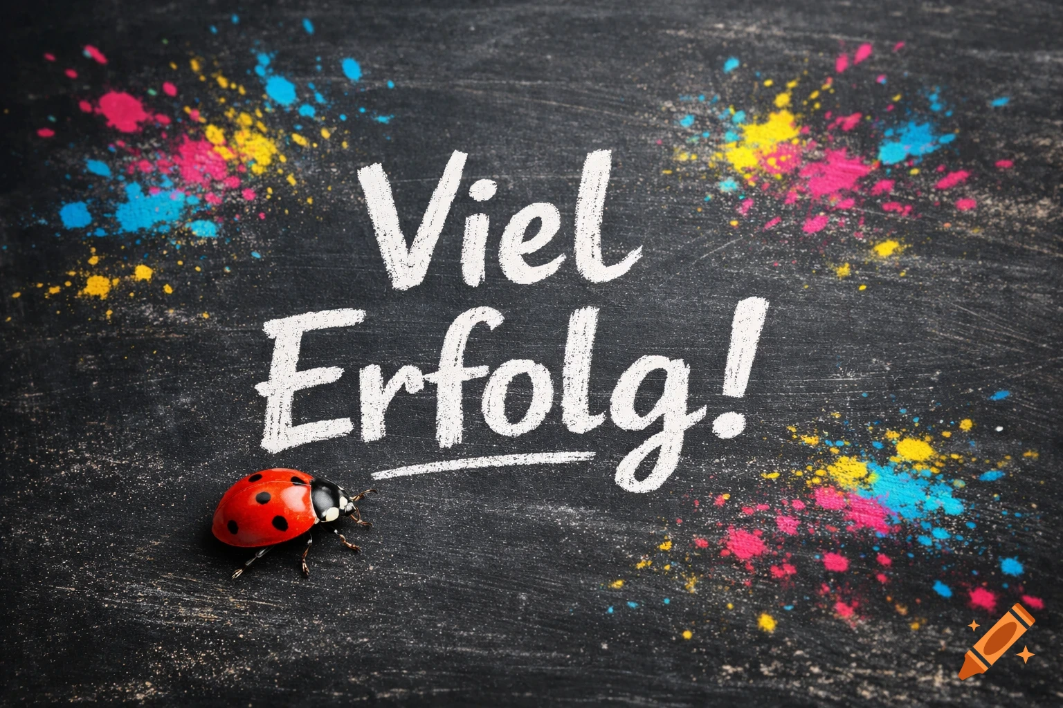 A chalkboard with 'Viel Erfolg!' (Good luck!) written in white chalk, a red ladybug, and colorful paint splatters.